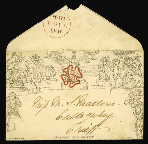 cover 1d. envelope, A165, addressed to Crieff and cancelled by superb strike of the red Cross, the reverse showing very fine strike of the 10 May (first Sunday) 1840 datestamp of Edinburgh; faint traces of soiling but in no way detracting from this extremely attractive example of rare usage. Photo