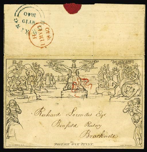 cover 1d. letter sheet, A19, addressed to Bracknell, good strike of the red Cross, the reverse with very fine blue "DORKING" double-arc datestamp for 10 May 1840 (first Sunday), partly overstruck by red London transit c.d.s. for 11 May; traces of light overall toning and a few minor perimeter faults but still a most attractive example of this rare usage. Photo