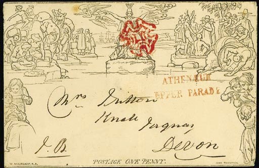 cover 1d. envelope, A156, addressed to Torquay, cancelled by good to fine strike of the red Cross with fine light "ATHENIUM/UPPER PARADE" in red adjacent, the reverse with light "LEAMINGTON" double-arc datestamp of 14 May 1840; fine and most attractive. Photo