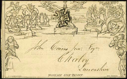 cover A16, printed Association For The Promotion Of The Fine Arts In Scotland advertisement inside (unlisted by Stanley Gibbons), addressed to Chorley and cancelled by good to fine strike of the black Cross, the reverse with Edinburgh despatch and Chorley arrival datestamps of 19 and 20 May 1841; fine, clean and attractive. Photo
