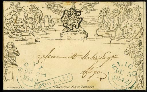 cover A64, addressed to Sligo and cancelled by fine strike of the black Cross, the address panel showing "BOYLE" and "SLIGO" double-arc datestamps of 2 and 3 December 1842 respectively and framed "TOO LATE", all very fine and struck in blue, the reverse with additional strike of the Boyle double-arc but dated 3 December; light clean folds in no way detract from the wonderful appearance. Photo
