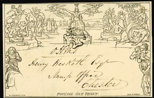 cover A70, addressed to the Stamp Office at Chester and inscribed "O.H.M.S." and cancelled by fine light strike of the black Cross, the reverse with Congleton despatch and Chester arrival double-arc datestamps of 12 and 13 September 1841 respectively; fine, attractive and unusual. Photo