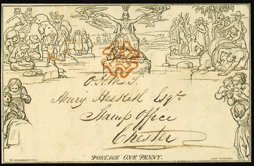cover A78, addressed to the Stamp Office at Chester and inscribed "O.H.M.S.", cancelled by very fine strike of the red Cross, the reverse with Congleton double-arc datestamp of 28 October 1840; fine, clean and unusual. Photo
