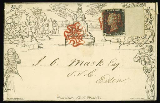 cover A140, used locally in Edinburgh, uprated with superb 1840 1d. plate 1a, TL, full sheet margin at right, good to large margins other sides, tied by very fine strike of the red Cross with additional strike at left cancelling the Mulready, backstamp of 11 June 1840; the cover with fold well clear of adhesive which shows very faint trace of enclosure bend but in no way detracts from the wonderful appearance of this exhibition quality item. B.P.A. Certificate (1995). Photo