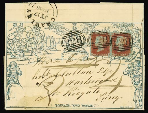cover a105, used from Crawley to Hartswood, uprated with very fine pair of 1841 1d., MB-MC, the letter sheet and adhesives cancelled by very fine strikes of the black "228" numeral of Crawley, showing manuscript "More to pay 4d."; creased and refolded for display. A rare and most attractive exhibition item. B.P.A. Certificate (1998). Photo