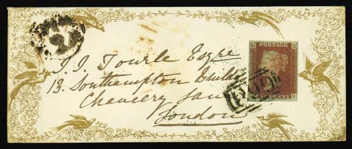 cover 1850 beautiful ladies envelope printed in gold (both sides) with floral border design and additionally showing song birds on the front., addressed to London bearing 1841 1d., AG, margins all round, tied by fine strike of the black English "668" numeral of Romford, the reverse showing blue Romford and red London datestamps of 18 and 19 November; fine and extremely attractive. A wonderful exhibition item . Photo