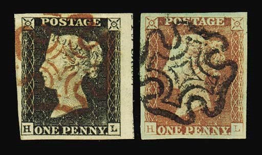 used  HL, portion of selvedge and trace of inscription at right, small to very large other sides, beautifully cancelled in red, also plate 1b printed in red, large margins, very neatly cancelled in black; a fine and very attractive pair. Photo