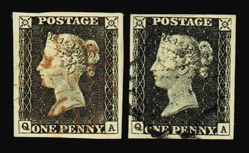 used  QA, plate 1b, QA, both showing double letter Q, good to very large margins, cancelled in red and black respectively; fine and attractive. Photo
