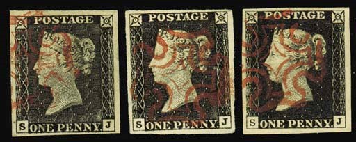 used  SJ, two examples showing differing degrees of plate wear, plate 1b, SJ, good to very large margins, very neatly or lightly cancelled; one plate 1a with trace of crease but otherwise fine. An extremely attractive trio. Photo