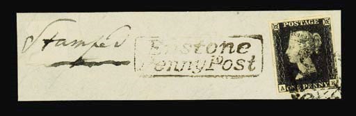 on piece  AF, good to large margins, on piece tied by light strike of the black Cross leaving profile clear, showing good to fine strike of the framed "Enstone/Penny Post" alongside; fine and attractive. Photo