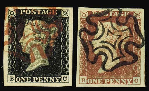 used  BC, matched in red, both with large to very large margins and beautifully cancelled, also another example printed in red, good to large margins, on small piece tied by small part Cross at right leaving the profile clear; fine. Stunning visual appearance. Photo