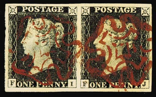used  FI-FJ pair, FI showing double letter F, good to very large margins, very neatly cancelled in red; fine and very attractive. Photo