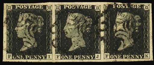 used  FI-FK strip of three, FI double letter F, large to very large margins, neatly cancelled by light strikes of the black Cross; fine and extremely attractive. Of exhibition quality. Photo