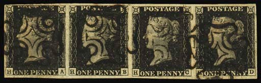 used  HA-HD strip of four, HB and HD showing original plate 1a re-entries, good to large margins, very neatly cancelled by clear upright strikes of the black Cross; fine and extremely attractive. Of exhibition quality. B.P.A. Certificate (1996). Photo