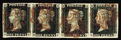 used  HI-HL strip of four, good to large margins, very neatly cancelled in red; fine. Also included is the original piece from which the strip was removed. B.P.A. Certificate (1996). Photo