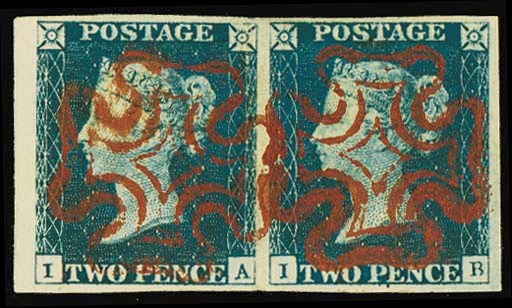 used  IA-IB pair in a steel-like shade, beautiful upright strikes of the bright scarlet Cross; creased and scissor cut below IA (clear of frame) but not detracting from the superb appearance. Exhibition quality. Photo