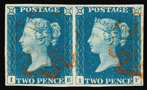 used  IE-IF pair, in a fine mid-blue shade, good to large margins, very lightly cancelled (IF having a clear profile); fine and extremely attractive. Photo