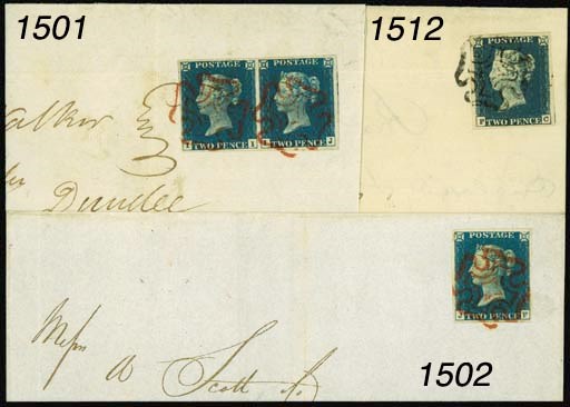cover JF, small to large margins, in a rich mid-blue shade, on entire from Manchester to Edinburgh dated 13 June 1840, tied by fine strike of the orange-red Cross; fine and very attractive. Photo