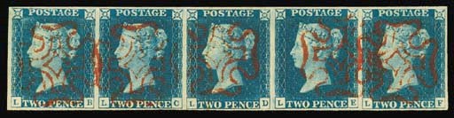 used  LB-LF strip of five in a fine pale bright shade, LC double letter C, margins all round, very neat light strikes of the red Cross; two stamps creased and LB with tiny tear at top, otherwise fine. An extremely attractive and rare multiple. Photo