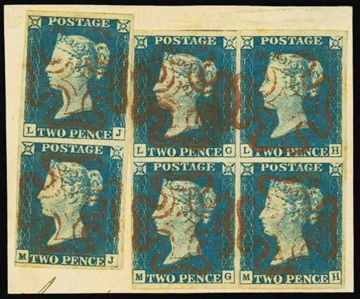 on piece  LG-MH block of four and LJ-MJ vertical pair, used together on piece, margins all round (mostly very large) and very neatly cancelled; trace of peripheral toning, LG with tiny scissor cut at top and LJ with small crease at top but in no way detracting from this very rare and most attractive item. B.P.A. Certificate (1996). Photo