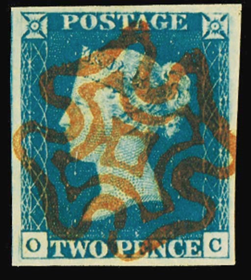 used  OC, shifted transfer, in a rich mid-blue shade, superb central strike of the orange-red Cross; trace of soiling on reverse in no way detracts from the stunning appearance of this fine example. Photo