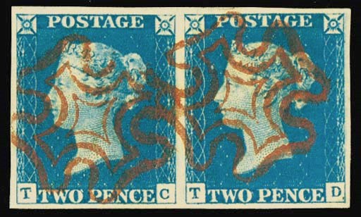 used  TC-TD pair in a fine bright pale shade, beaufully cancelled by clear strikes of the red Cross; fine and of stunning appearance. Exhibition quality. Photo