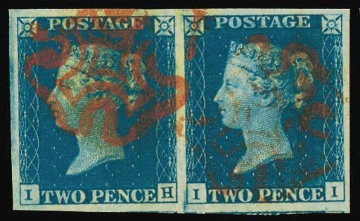 used  IH-II pair, in a fine deep shade, large to enormous margins (showing portions of two adjoining stamps at foot, neatly cancelled in red; fine and extremely attractive. R.P.S. Certificate (1990). Photo