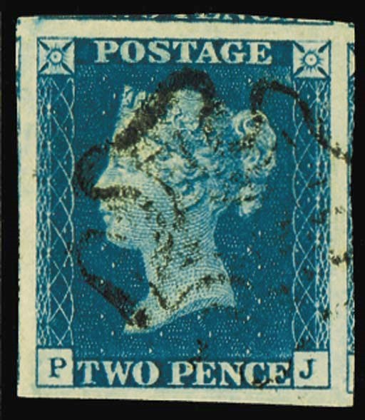 used  PJ, enormous margins (showing portions of four adjoining stamps), light strike of the black Cross; fine and of stunning appearance. Exhibition quality. Photo