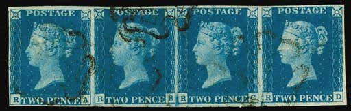 used  RA-RD strip of four, RB shifted transfer, in a rich mid-blue shade, margins all round (large to very large at places), very lightly cancelled in black; creased but otherwise fine and a most attractive multiple. Photo