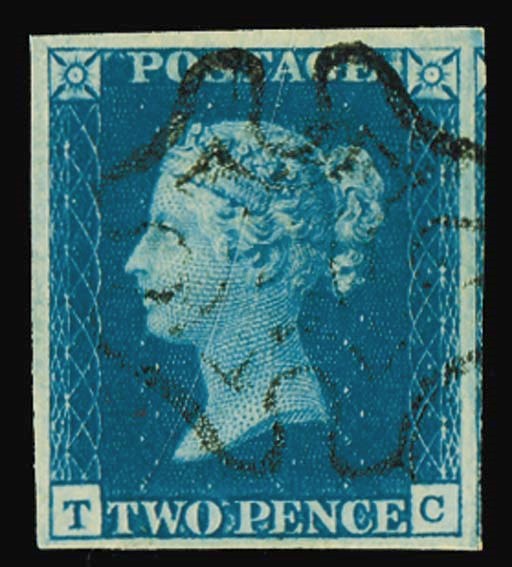used  TC, a fine mid-blue shade, good to very large margins (portion of adjoining stamp at right), very neat light strike of the black Cross; fine and extremely attractive. Photo