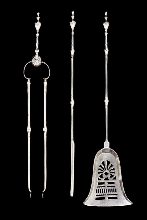 A SET OF THREE GEORGE III POLISHED STEEL FIRE-IRONS