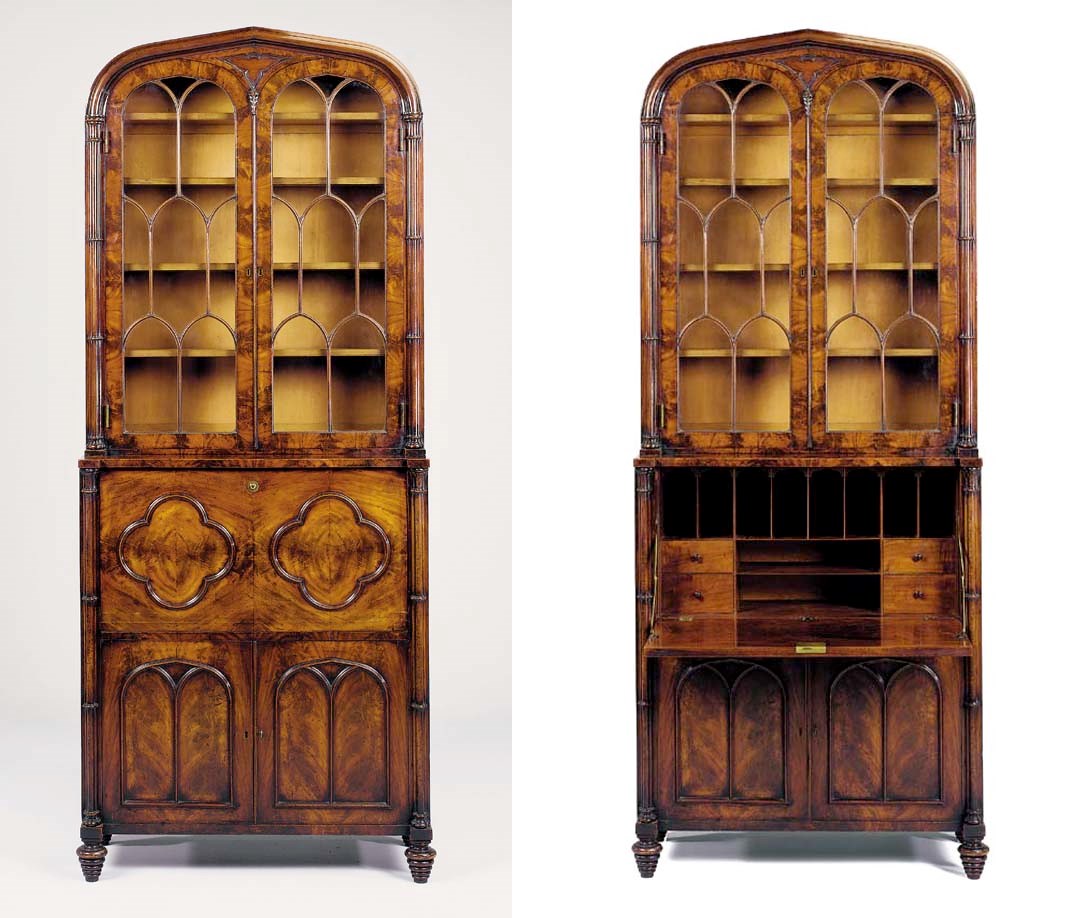 A LATE GEORGE III MAHOGANY GOTHIC SECRETAIRE-BOOKCASE