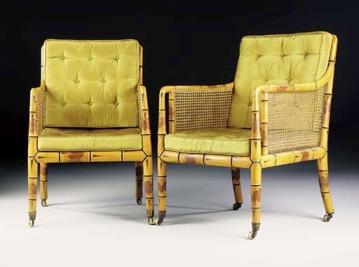 A PAIR OF REGENCY SIMULATED-BAMBOO CANED BERGERES