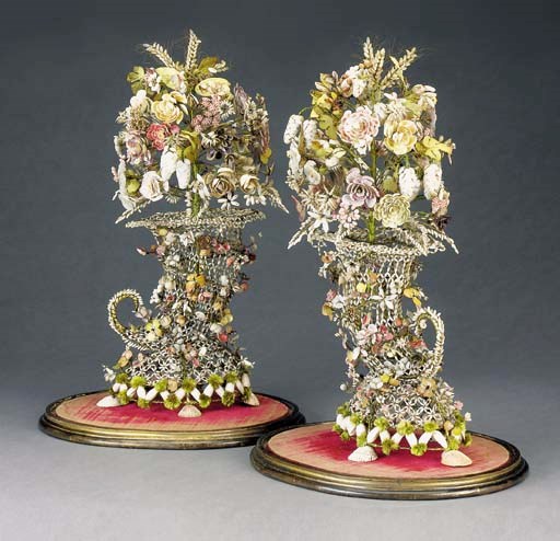 A PAIR OF MID-VICTORIAN SHELLWORK FLOWER DISPLAYS