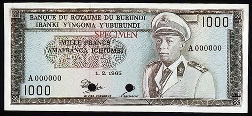Banque du Royaume, colour trial 50-Francs, 1964, violet, view of Bujumbura (P.11), 100-Francs, 1964, red, Rwagasore at right (P.12), 1000-Francs, 1965, brown and multicoloured, King Mwambutsa IV at right (P.14), SPECIMEN overprint, perforation, mounting traces at top, extremely fine
