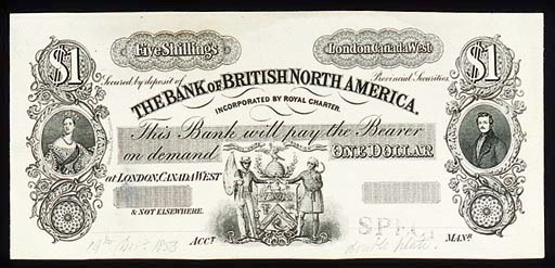 Bank of British North America, proof $1, London, Canada West, ND (1853), black and white, Chalon portrait of Queen Victoria at left, arms low centre, Prince Albert at right (Charlton unlisted), pencil date '19 Dec 1853', extremely fine, very rare