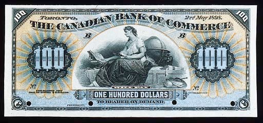 Canadian Bank of Commerce, specimen $100, Toronto, 2 May 1898, pale blue, orange and black, maiden (Education) at centre, value at left and right and at each corner, rev. green, bank building flanked by gryphons at centre (PS.964s), perforated, unlisted date, about uncirculated, rare