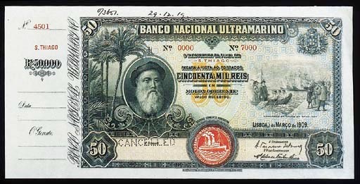Banco Nacional Ultramarino, specimen 50-Mil Reis, 1 March 1909, serial no. 0000 - 7000, black, green, orange and pale blue, embarkation of Vasco de Gama at right, Vasco de Gama at left, arms top right, red steamship seal III low centre, rev. multicoloured, maiden at centre (P.9b), ink date '29.12.19' in top margin, perforated CANCELLED, counterfoil at left, good extremely fine, very rare