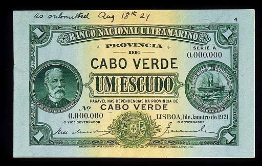 Banco Nacional Ultramarino, a group of four specimen Escudo notes, 1 January 1921, zero serial nos., predominantly green, Chamico at left, steamship seal at right (P.32), uncirculated, rare 	 (4)
