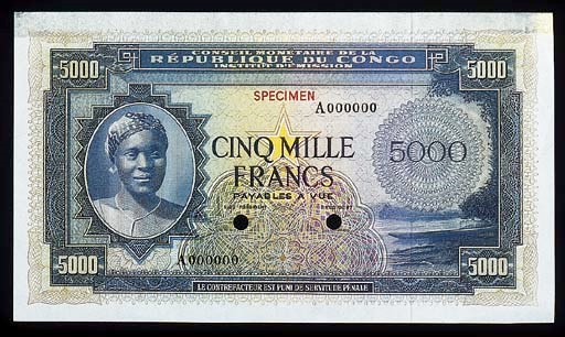 Conseil Monetaire, colour trial 5000-Francs, ND (1963), serial number A000000, blue and multicoloured, young girl at left, orange star at  centre, river scene low right, value at each corner, rev. blue, canoe and oarsmen at centre (P.3), SPECIMEN overprint, perforation, mounting traces at top, extremely fine a lovely note