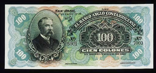 El Banco Anglo-Costarricense, specimen 100-Colones, San Jose, 1 January 19-, serial no. 5001 - 7000, blue-green and multicoloured, man at left, value at each corner, rev. green, arms at centre (PS 126), perforated SPECIMEN, good extremely fine, rare