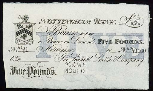 Nottingham Bank, specimen £5, 18-, serial no. Z1001 - Z1001, black and white, value in blue underprint at centre, arms at top left, for Samuel Smith & Co (GR 2172L), perforation, extremely fine, rare