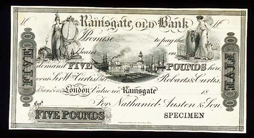 Ramsgate Old Bank, proof £5 on card, 18-, black and white, Britannia top left, maiden (Commerce) top right, value low left, and at left and right, for Nathaniel Austen & Son (GR 2358), extremely fine, rare