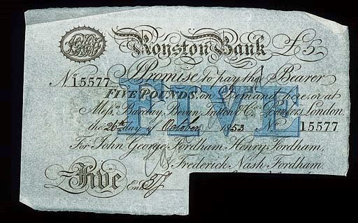 Royston Bank, £5, 26 October 1853, serial no. 15577, black and white, value in blue underprint at centre, partners initials top left, for Frederick, Fordham & Fordham (GR 2472B), cut cancelled low right, otherwise about extremely fine, fresh, very rare