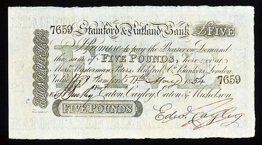 Stamford & Rutland Bank, £5, 11 May 1854, serial no. 7659, black and white, value in grey underprint at centre, partners initials at left, for Eaton, Cayley, Eaton & Michelson, rev. blue and white (GR 2748F), manuscript cancelled low right, almost extremely fine, a handsome note and extremely rare