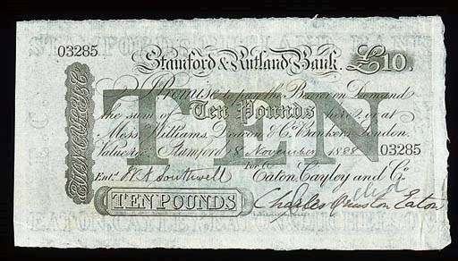 Stamford & Rutland Bank, £10, stamped, 8 November 1888, serial no. 03285, black and white, value in underprint at centre, partners initials at left, for Eaton, Cayley & Co., rev. blue (GR 2748J), extremely fine, extremely rare and a lovely example