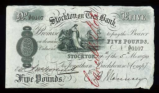 Stockton on Tees Bank, £5, Stockton, 4 May 1890, serial no. A/F 0107, black and white, maiden with eagle and serpent top centre, ships in background, partners initials at left, for Jonathan Backhouse & Company (GR 2766), manuscript CANCELLED, about extremely fine, fresh and complete