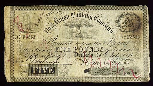 York Union Banking Company, £5, Driffield, 25 July 1878, serial no. F 3553, black and white, Minister top left, value within wreath top right, arms top centre (GR 5747B), manuscript CANCELLED, very good, very rare