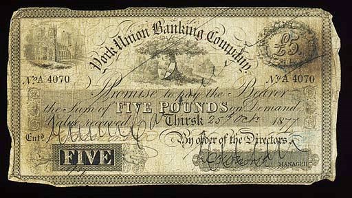 York Union Banking Company, £5, Tirsk, 25 October 1877, serial no. A4070, black and white, Minster top left, value top right, arms and tree top centre (Grant 5747B), manuscript CANCELLED, very good and very rare