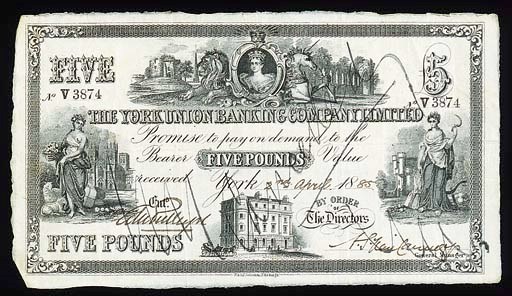 York Union Banking Company Limited, £5, York, 2 April 1885, serial no. V 3874, black and white, Queen Victoria, lion and unicorn top centre, maiden at left and right, rev. black and white, eagle and cherub, arms (cf GR 5747B), ink cancelled, good very fine, handsome and very rare